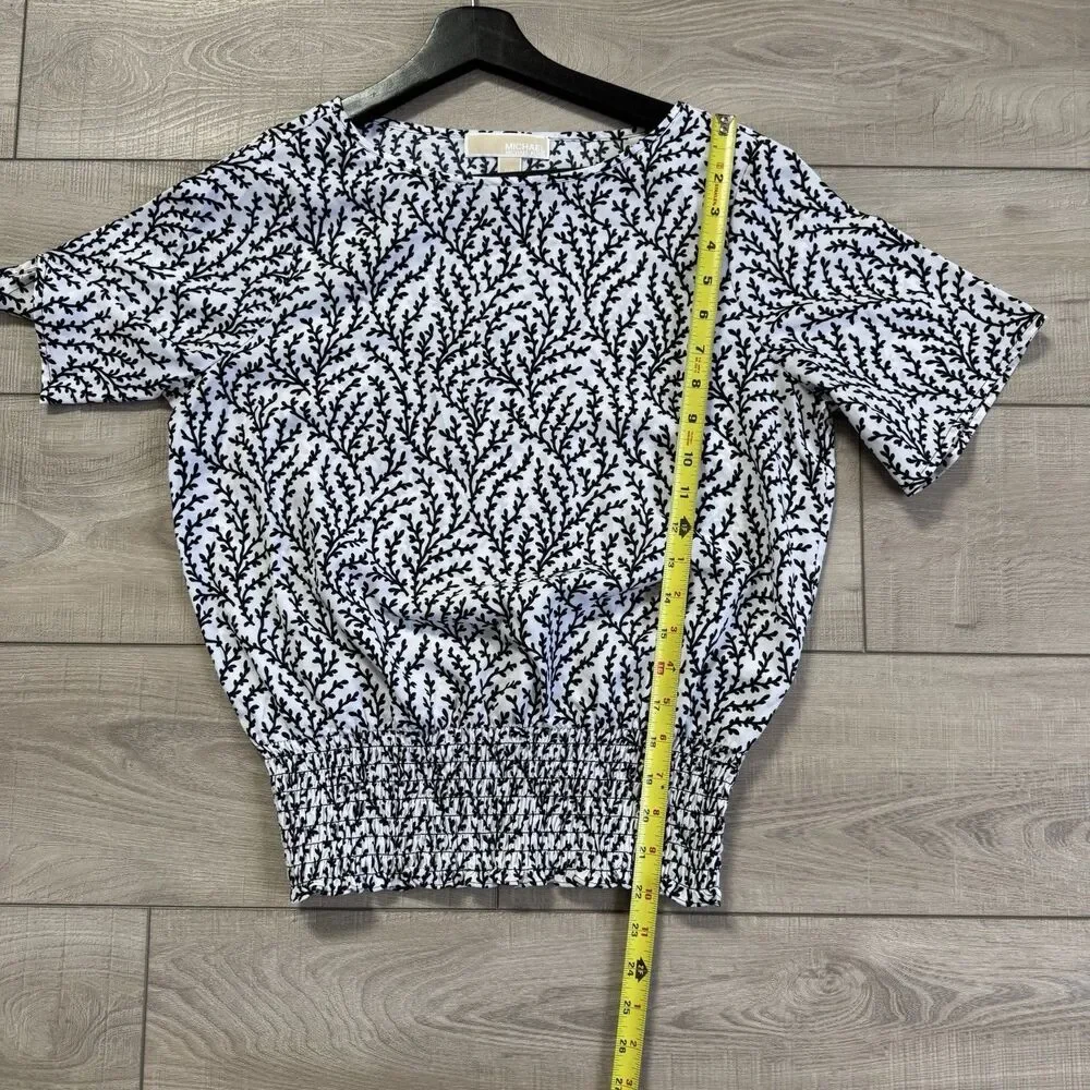 MICHAEL Michael Kors Black and White Leaf Print Smocked Waist Blouse, S/P